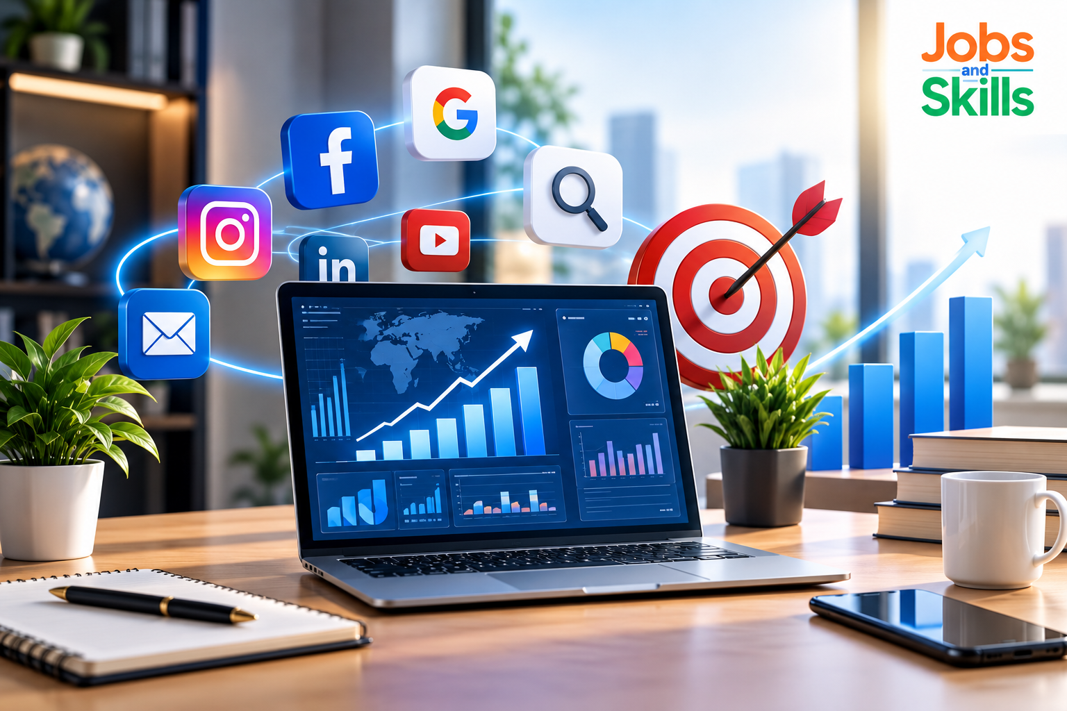 Digital marketing analytics, SEO and social media workspace for JobsAndSkills.in