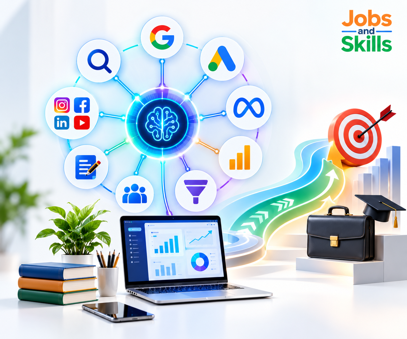 Digital Marketing and AI course roadmap with SEO, social media, Google Ads, Meta Ads and AI marketing tools
